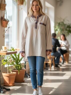 Beige Linen Shirt with Colorful Cuff Detail